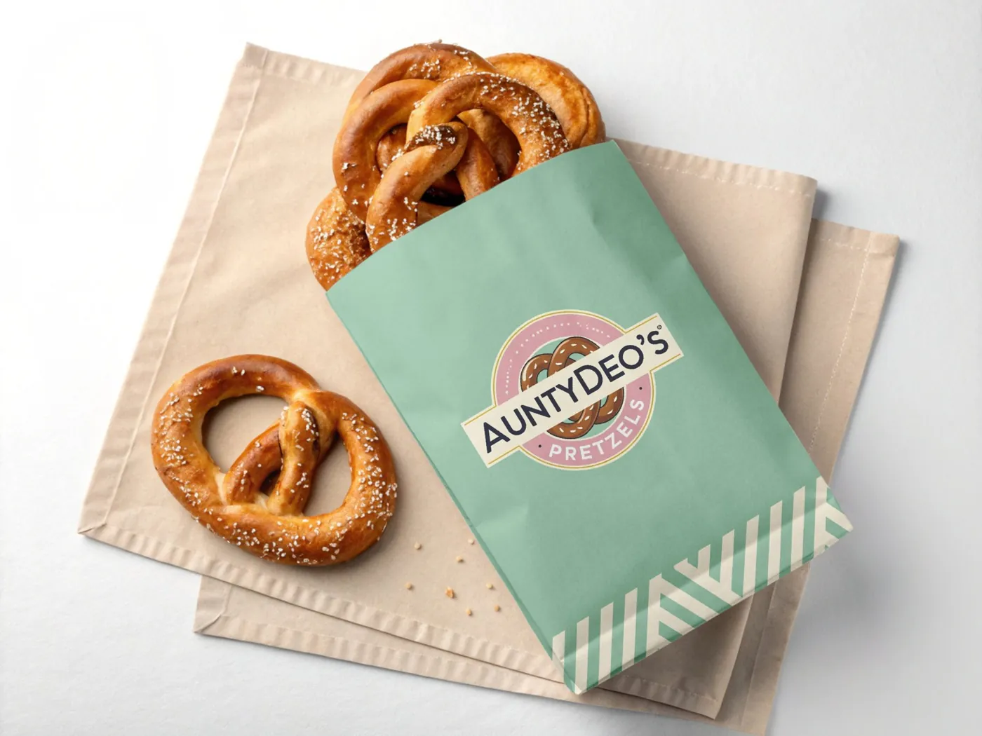 Warm salted pretzels spilling from a mint AuntyDeo's paper bag