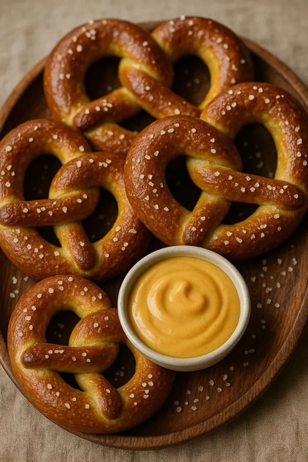 Platter of salted soft pretzels with a cheese dip