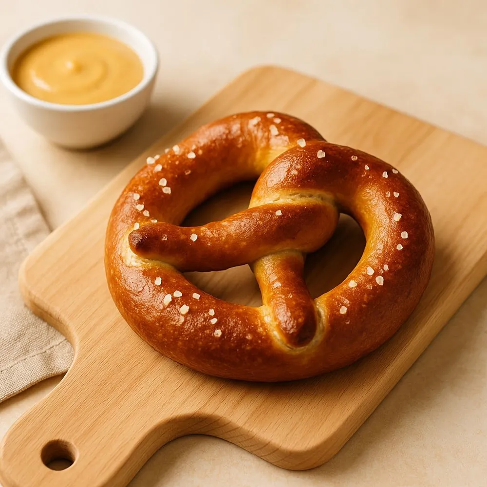 Freshly baked pretzel with cheese dip on a wooden board
