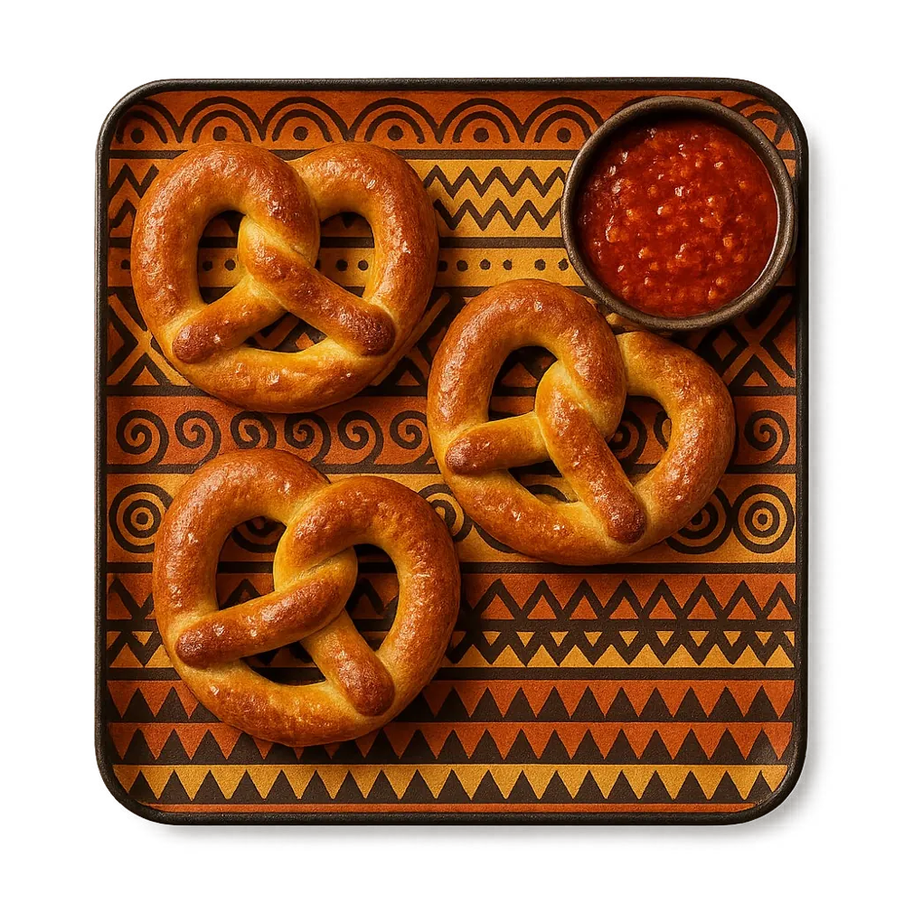 Soft pretzels and pepper sauce on a tray printed with an African textile pattern