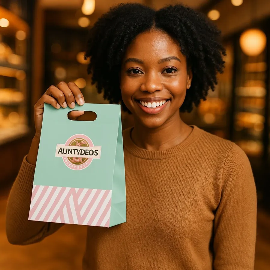 Smiling woman holding an AuntyDeo's takeaway bag